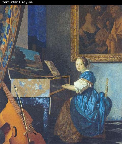 Johannes Vermeer A Young Woman Seated at the Virginal with a painting of Dirck van Baburen in the background